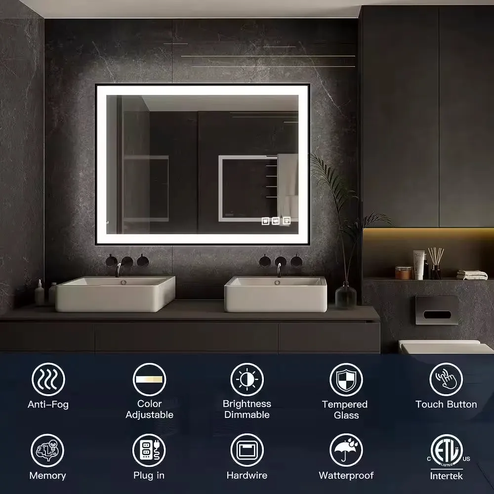40'' W x 24'' H LED Bathroom Mirror, Fog Free, Dimmable, Black Frame, Front Light & Backlit