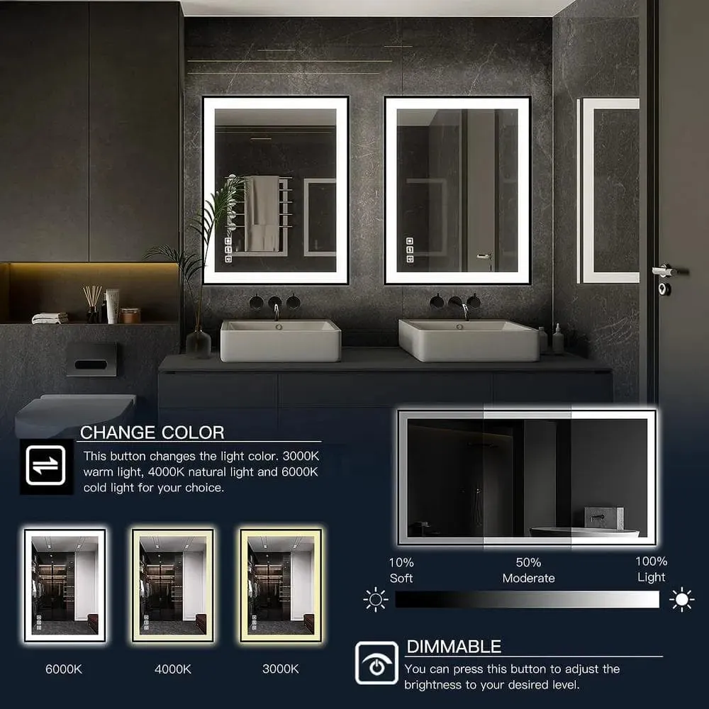 40'' W x 24'' H LED Bathroom Mirror, Fog Free, Dimmable, Black Frame, Front Light & Backlit