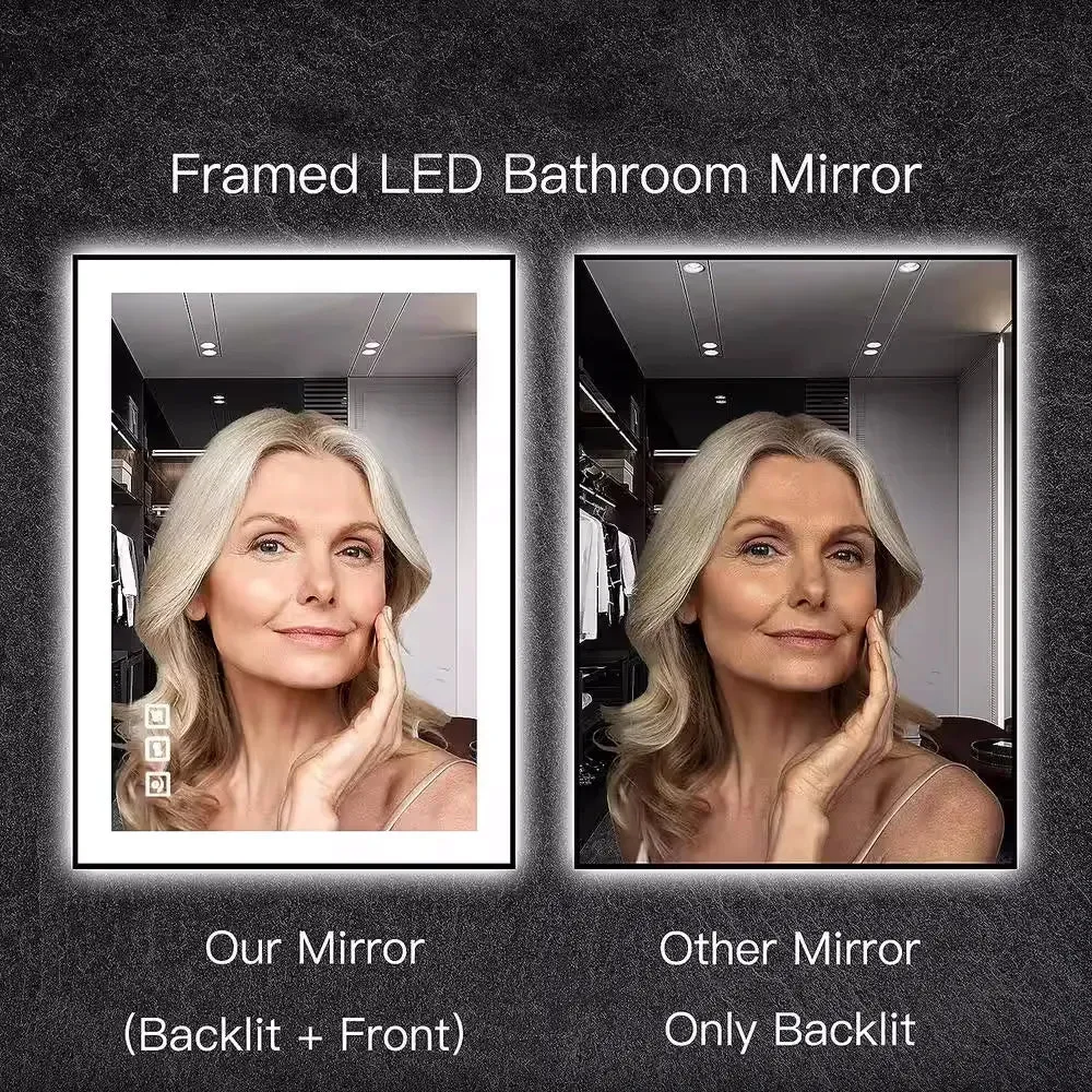 40'' W x 24'' H LED Bathroom Mirror, Fog Free, Dimmable, Black Frame, Front Light & Backlit
