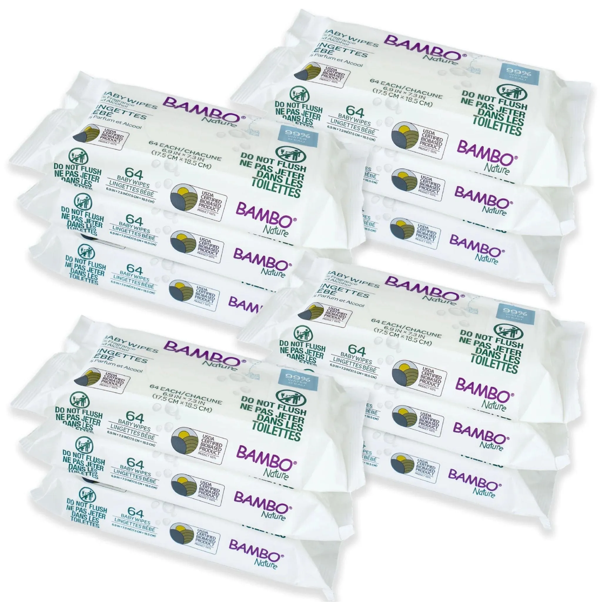 Bambo Nature Water Based Wet Wipes, Made with 100% Plant-Based Fibers