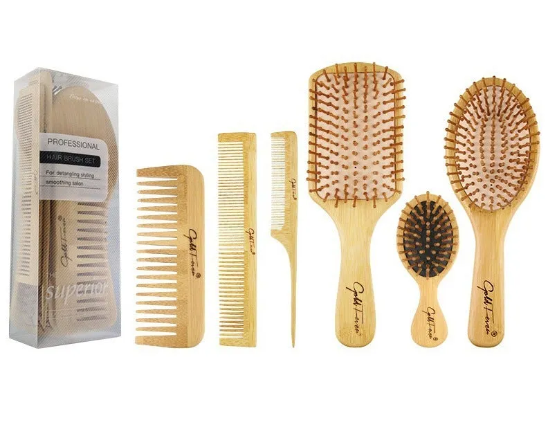 Bamboo Hair Brush and Comb Set | Wooden Hair Brushes and Combs - 6 Pieces | Bamboo Brushes with Bamboo Bristles