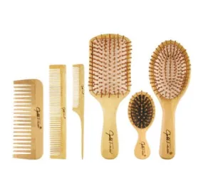 Bamboo Hair Brush and Comb Set | Wooden Hair Brushes and Combs - 6 Pieces | Bamboo Brushes with Bamboo Bristles