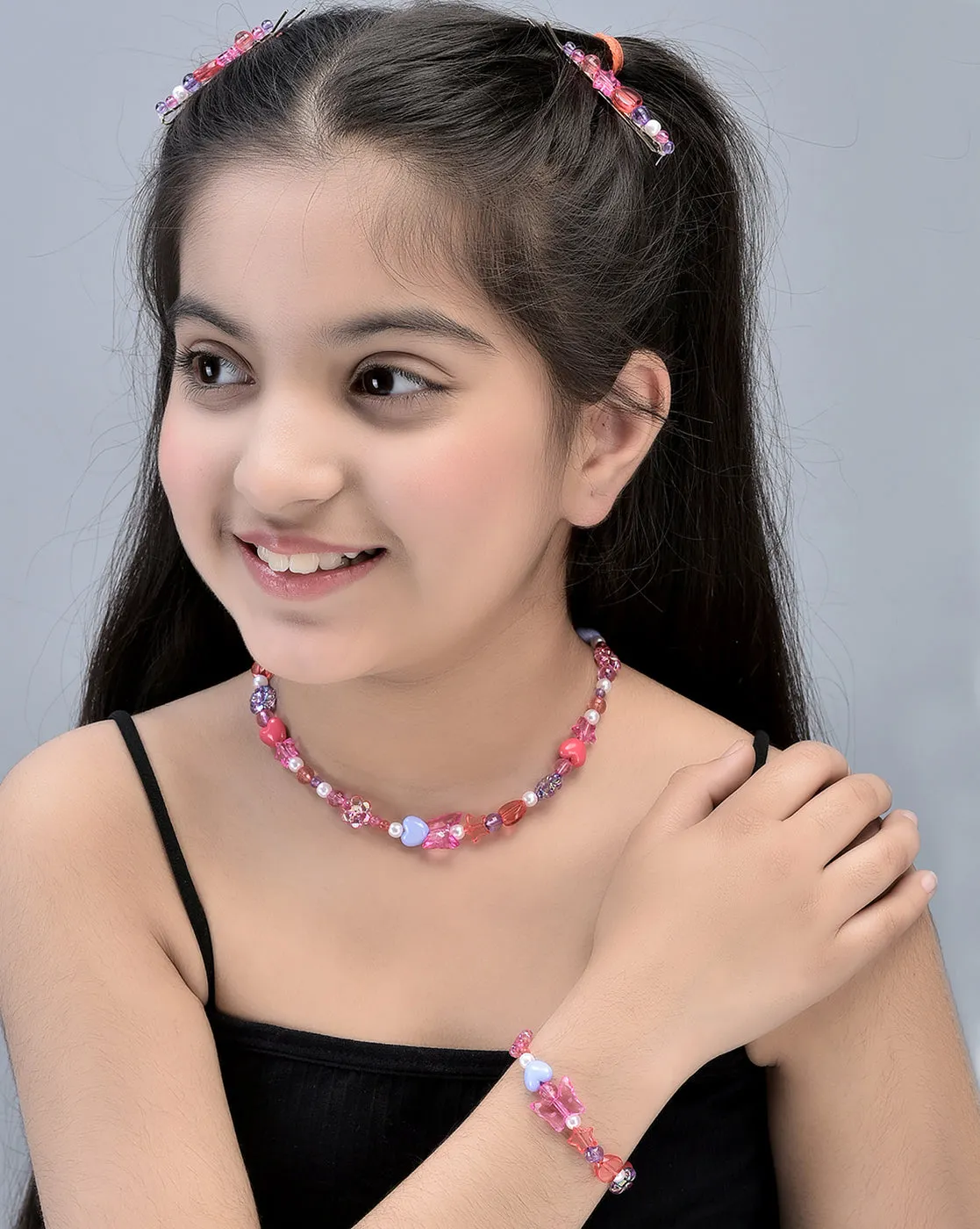 Carlton London Girls Gold-Plated Pink & Blue Beaded Jewellery Set Kjs044