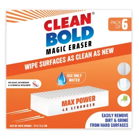 CleanBold® Max Power Magic Eraser, Extra Durable Melamine Sponge, 4X Stronger, Pack of 6 Chemical Free Multipurpose Non-Scratch Scrub Sponge for Office Home Bathroom Kitchen Tiles Floor Deep Cleaning, Melamine