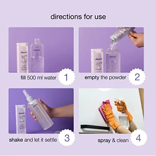 Cleevo Natural Kitchen & Multi-Surface Cleaner, 1 Litre, Bottle Pack, Lavender, 100% Eco-Friendly All Purpose Cleaner, Powder to Liquid