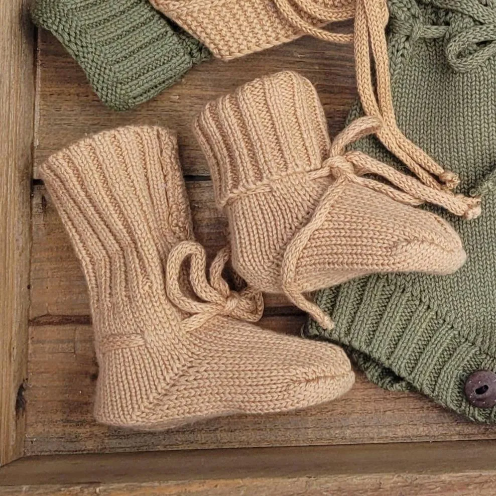 Cotton Knit Baby Booties - Tan