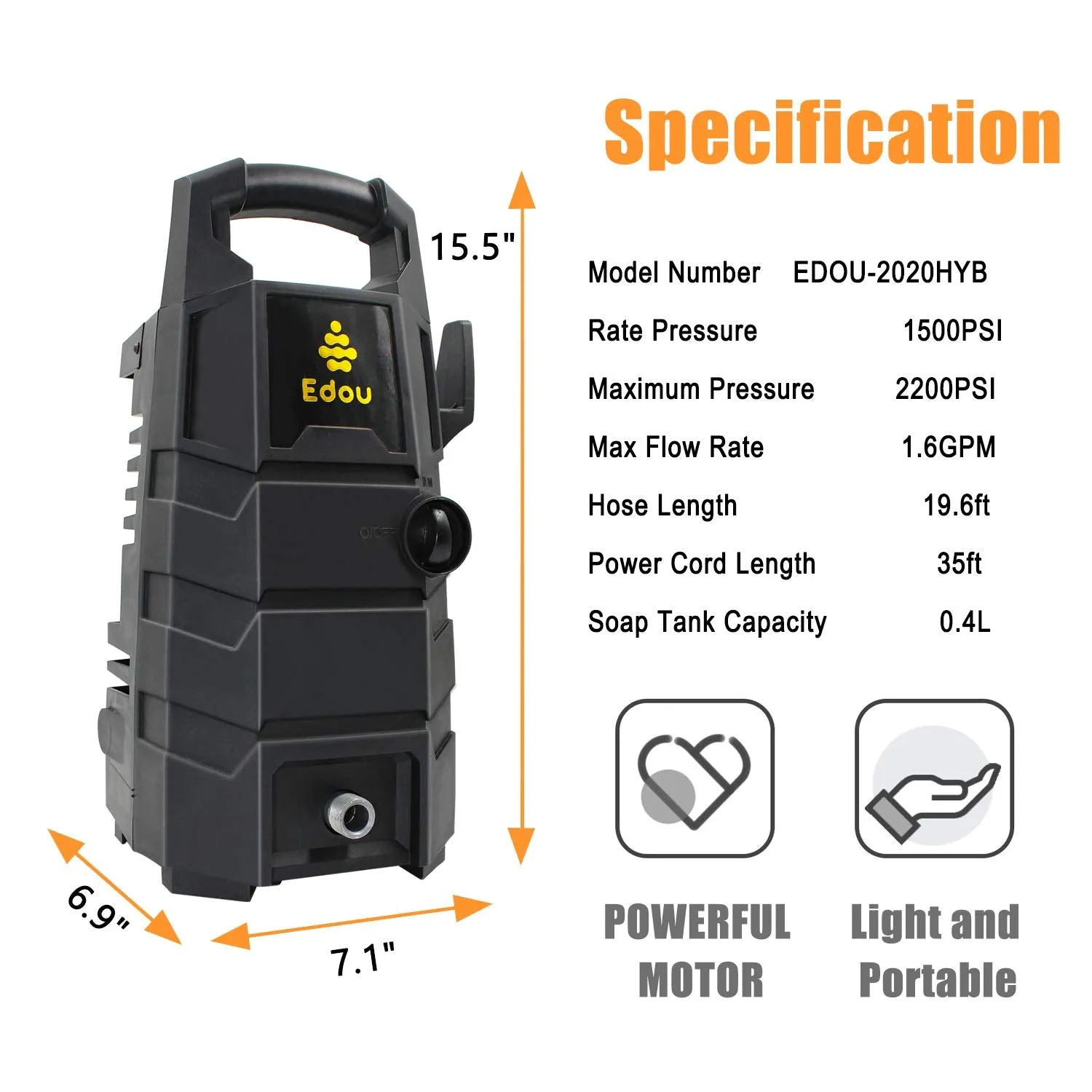 EDOU 2200 Max PSI 1.6 GPM Electric Pressure Washer Cleaner Machine,Including 35ft Power