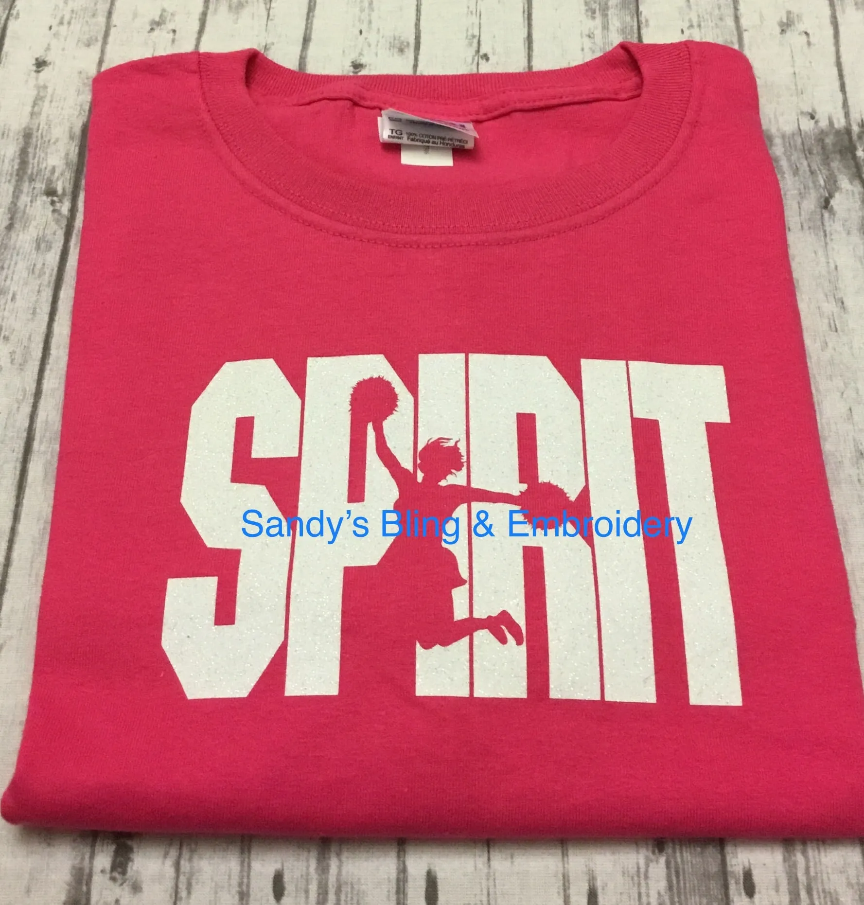 Hot Pink Spirit Cheerleader T-shirt with White Glitter Vinyl