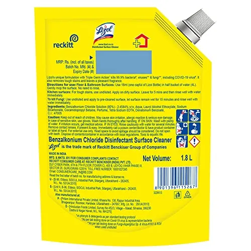 Lizol 1800 ml - Citrus, Disinfectant Surface & Floor Cleaner Liquid Refill Pack | Suitable for All Floor Cleaner Mops | Kills 99.9% Germs| India's #1 Floor Cleaner