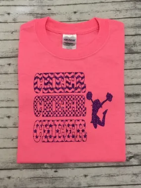 Neon Pink CHEER CHEER CHEER with cheerleader  T-shirt with Purple Glitter Vinyl