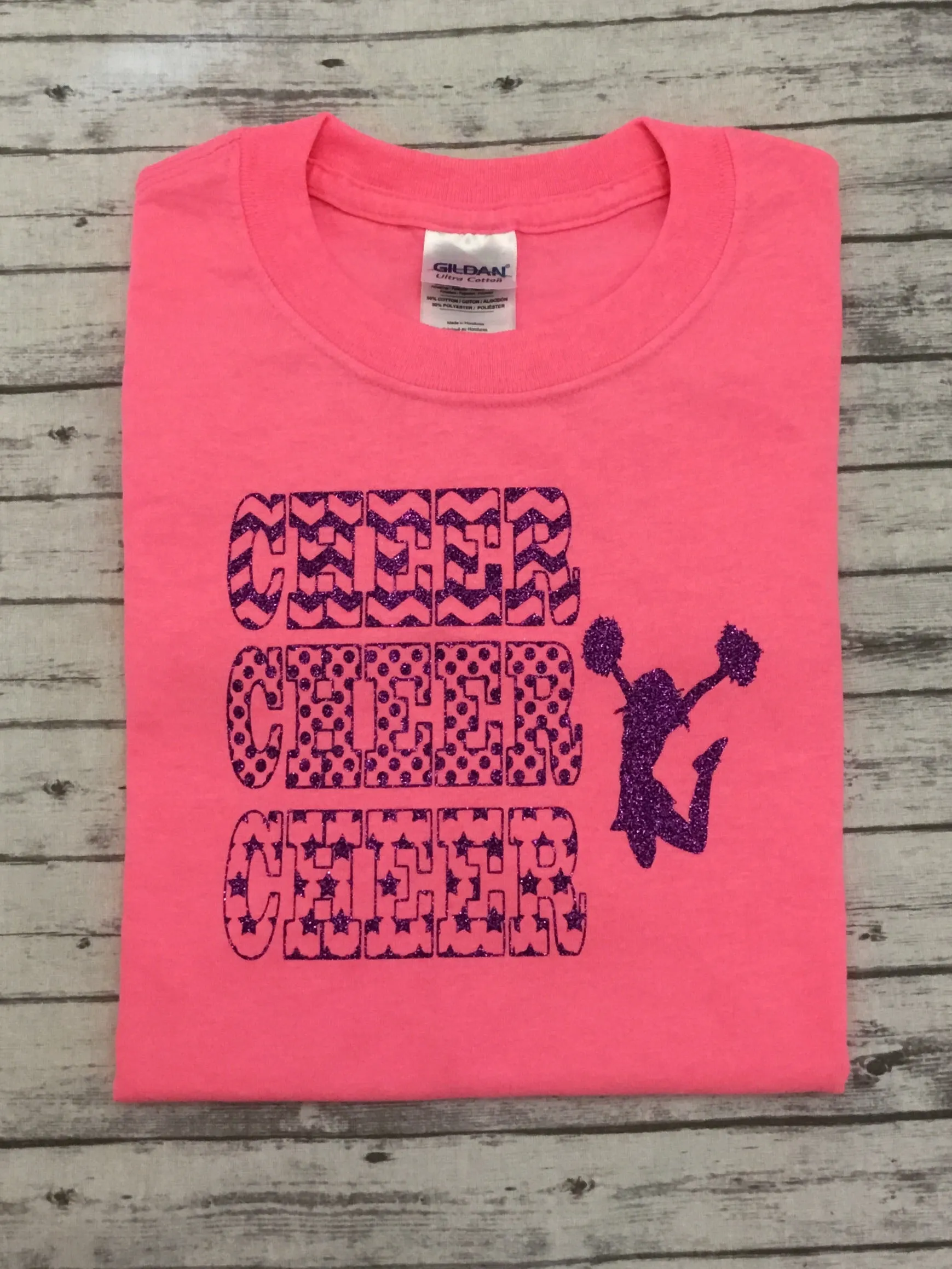 Neon Pink CHEER CHEER CHEER with cheerleader  T-shirt with Purple Glitter Vinyl