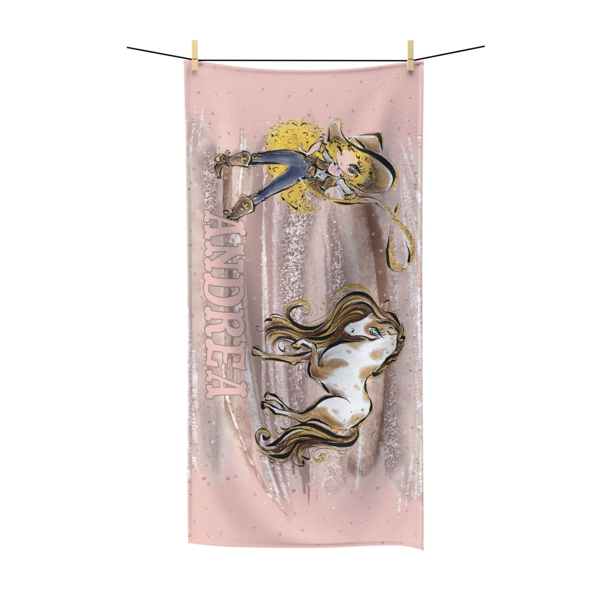 Personalised Beach Towel, Cowgirl and Horse, Blonde Curly Hair, Brown Eyes, Polycotton Towel