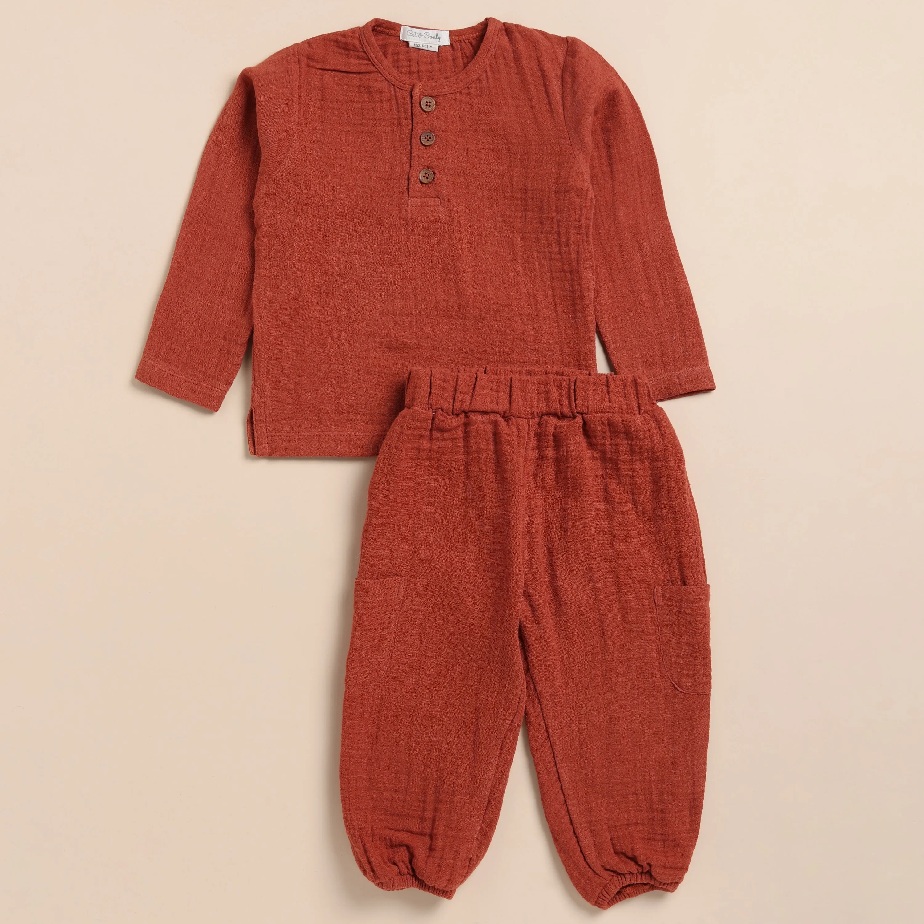 Picante Organic Muslin Long Sleeve Henley Tshirt With Lounge Pant Set