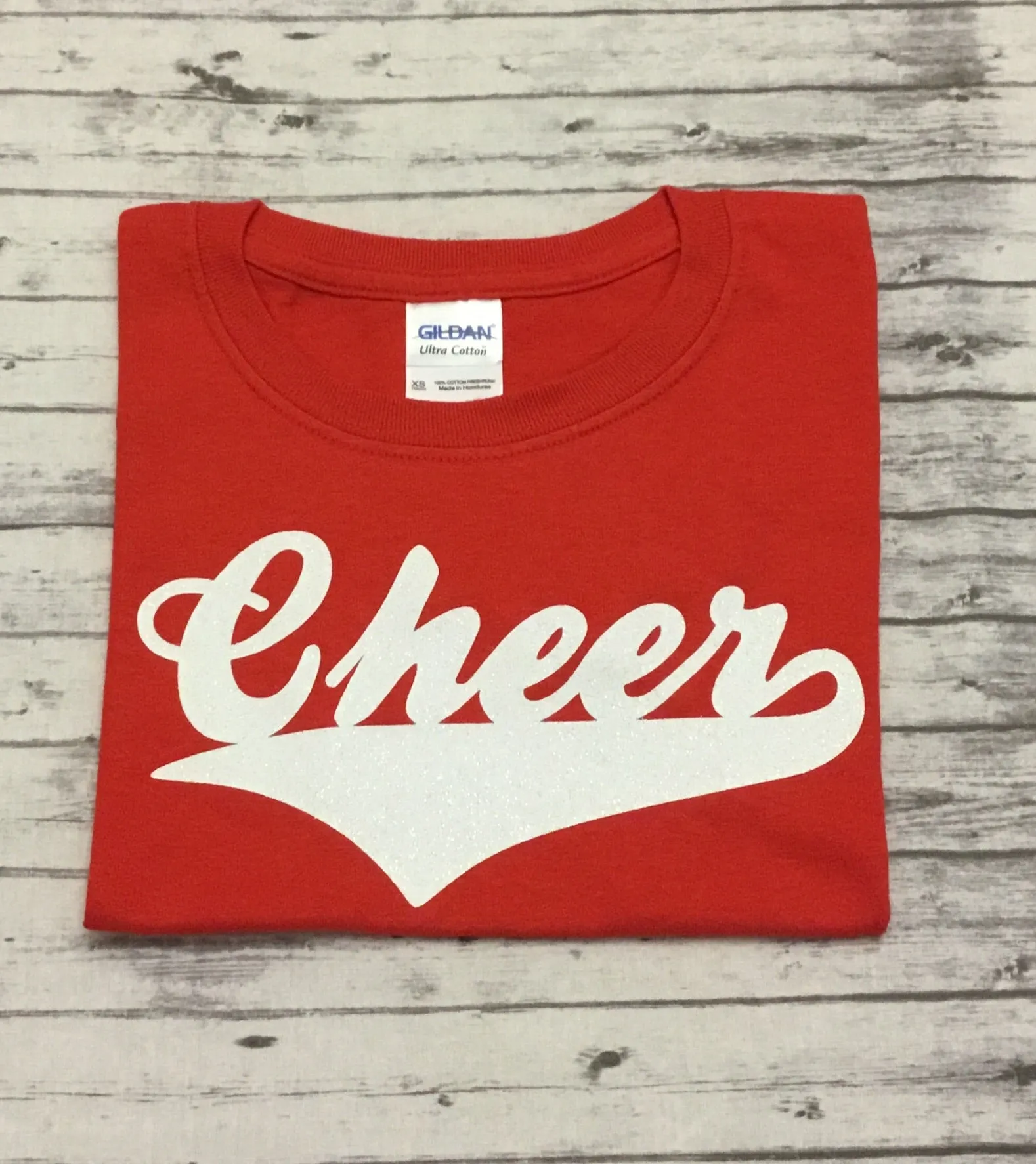 Red Cheer T-shirt with White Glitter Vinyl
