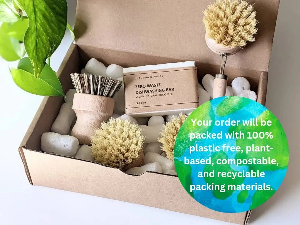 Zero Waste Cleaning Set - Dish Soap Bar Brick, Eco Friendly Bamboo Brush, Cleaning Supplies Sustainable Product